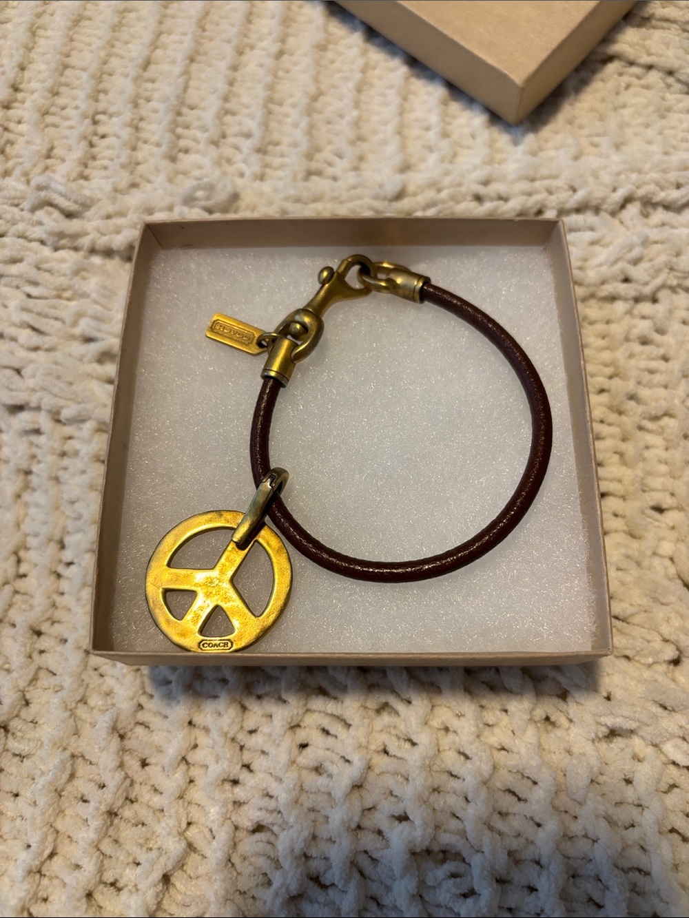 Vintage 2000s Coach Brown Leather Bracelet with Gold Peace Sign Charm